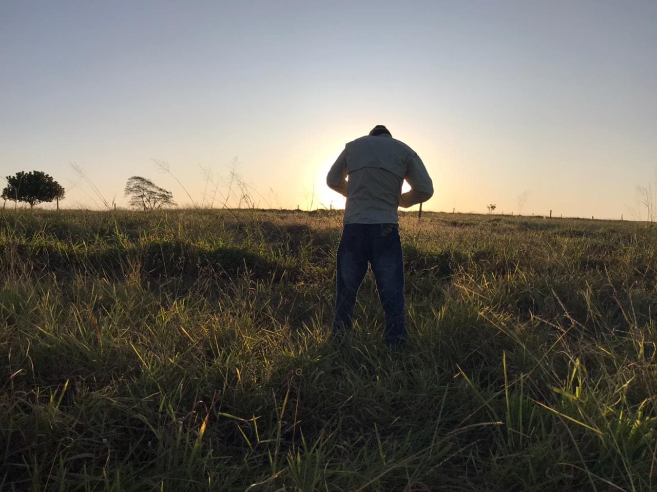 Técnico em vistoria de campo em lote rural ao amanhecer